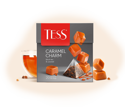 Karamel bo'laklari va hidi bilan xushbo'y qora choy TESS Caramel Charm piramidalarda 20pcs. rasm